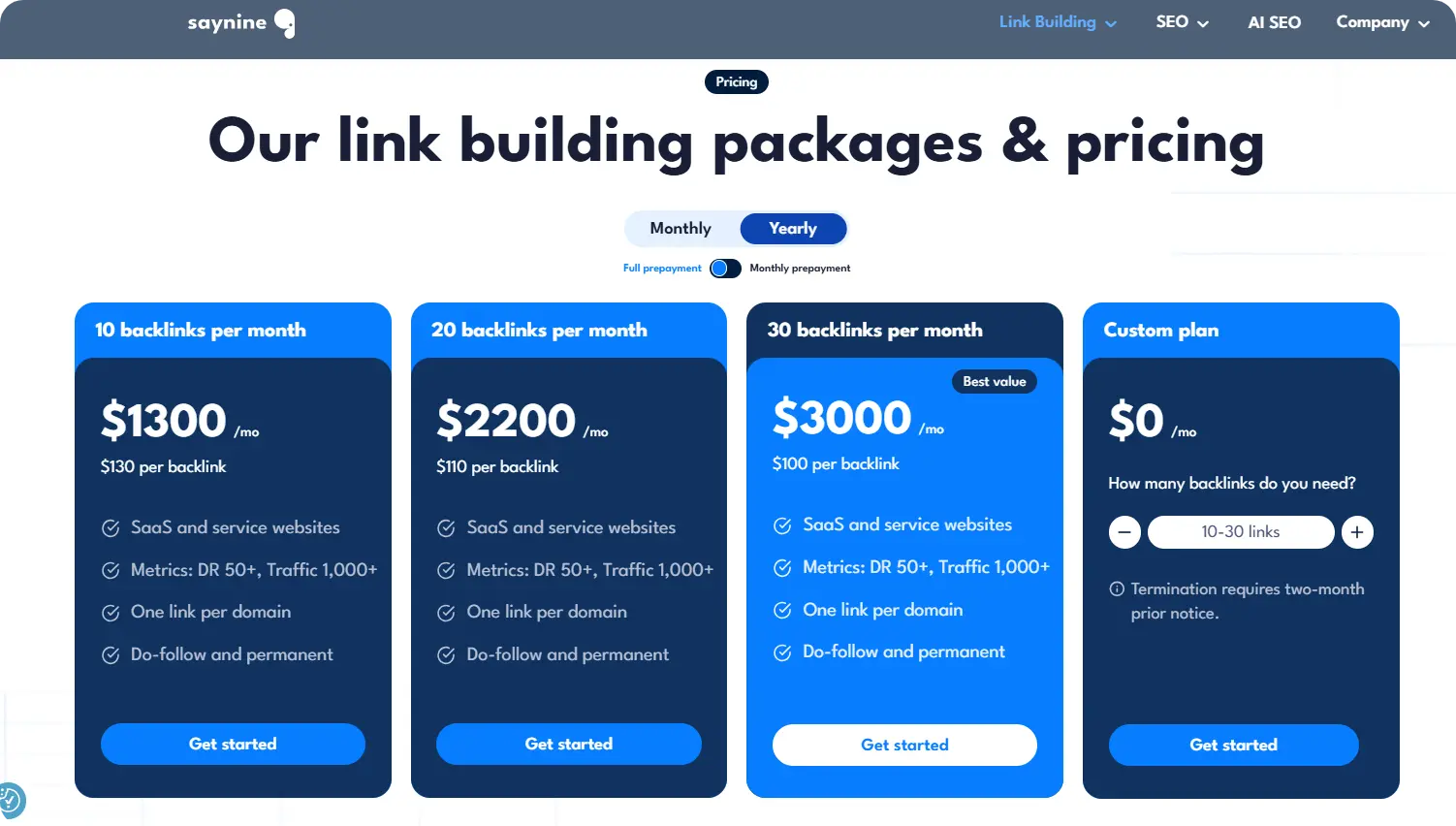 Link building pricing of SayNine