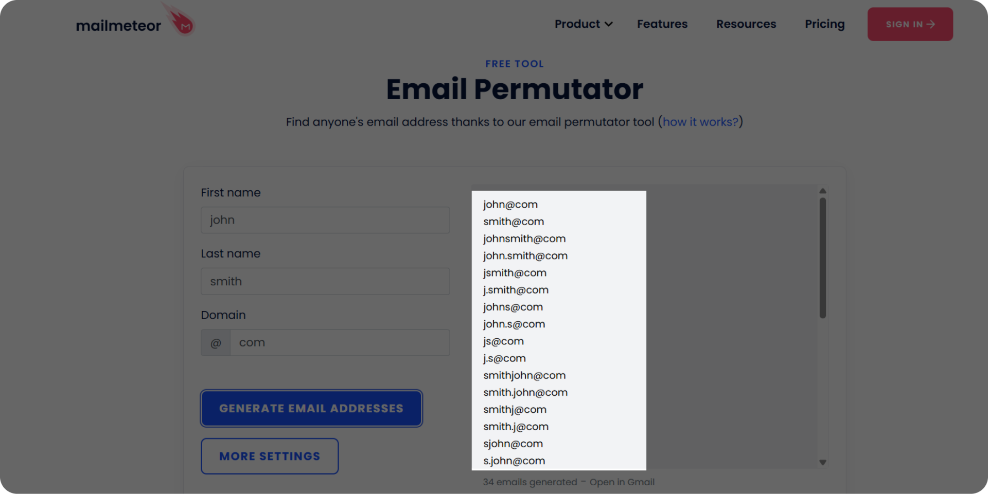 Mailmeteor's email permutator tool