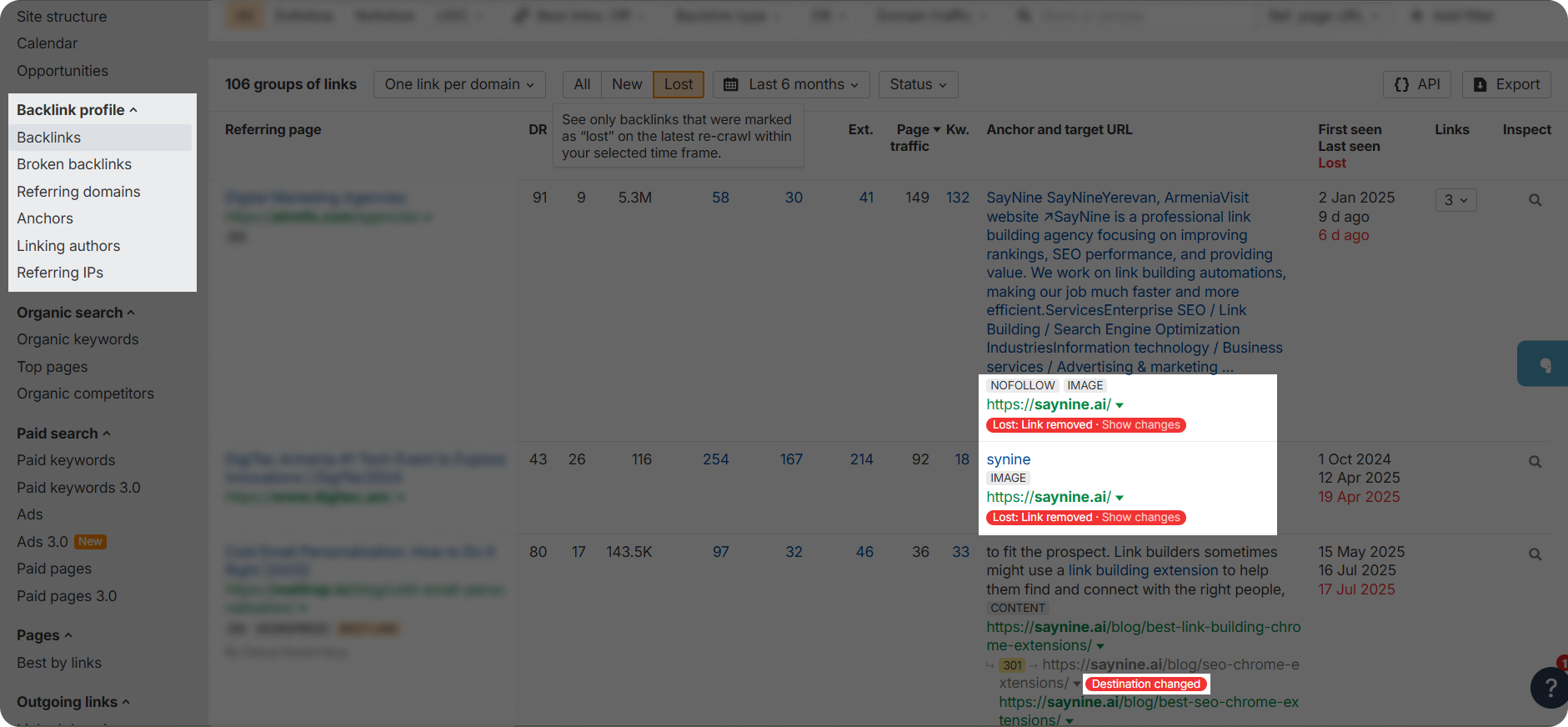 Ahrefs dashboard showing examples of lost backlinks.