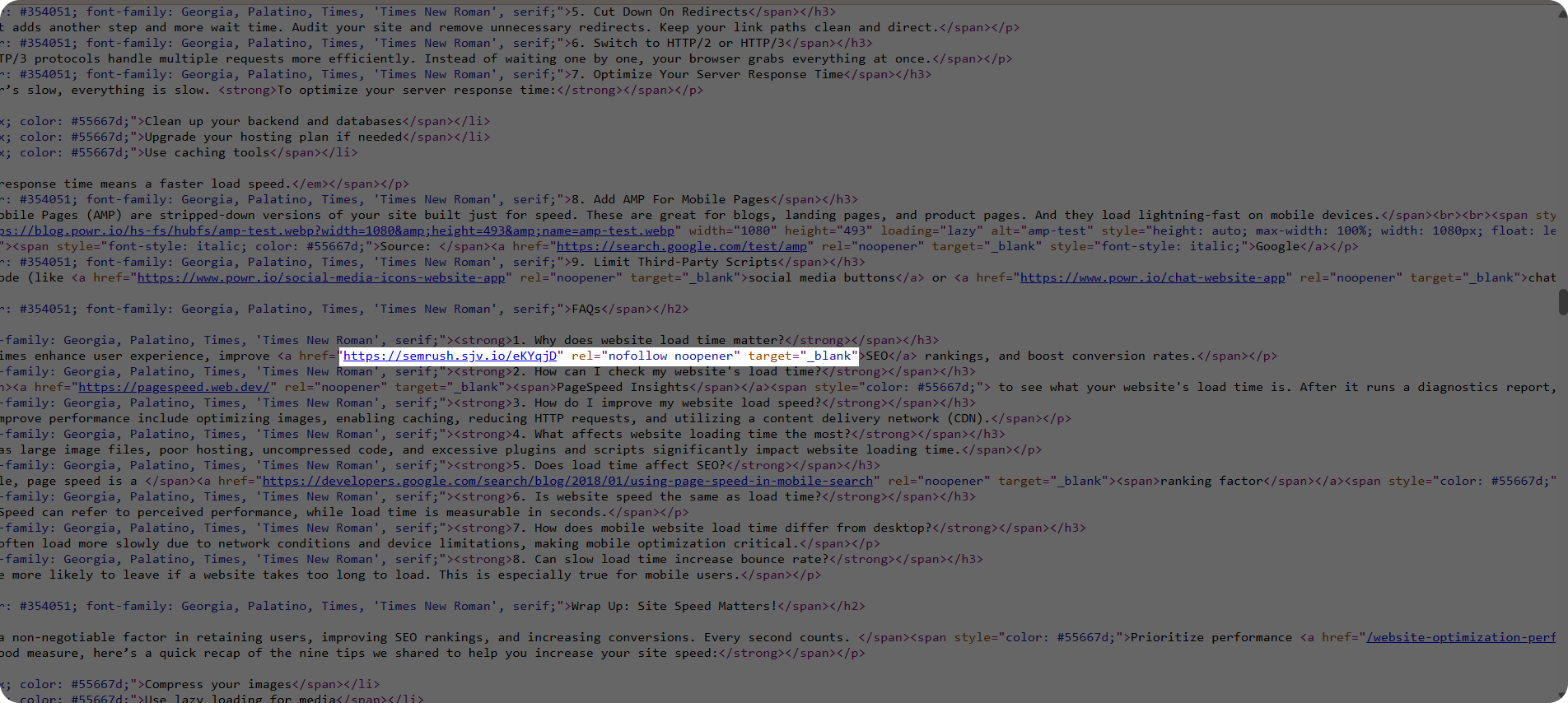 An example of a nofollow link in the HTML code.