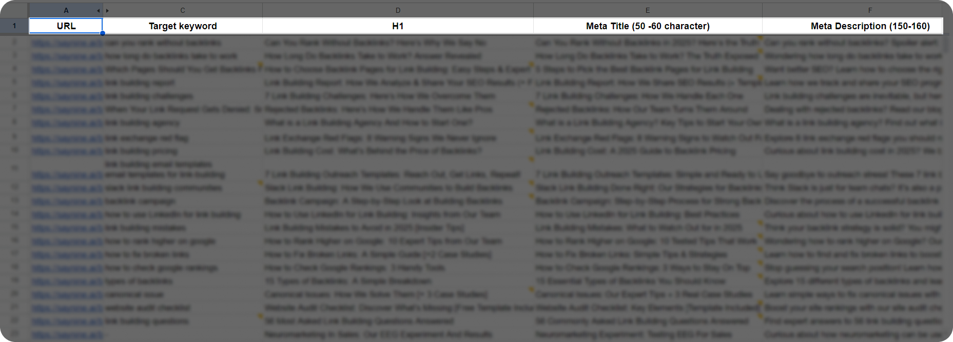 An example of a spreadsheet for organizing meta tags in one place.