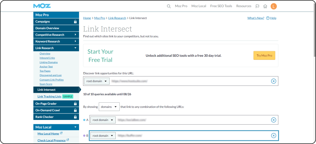 Screenshot showing an example from the Moz link intersect tool.