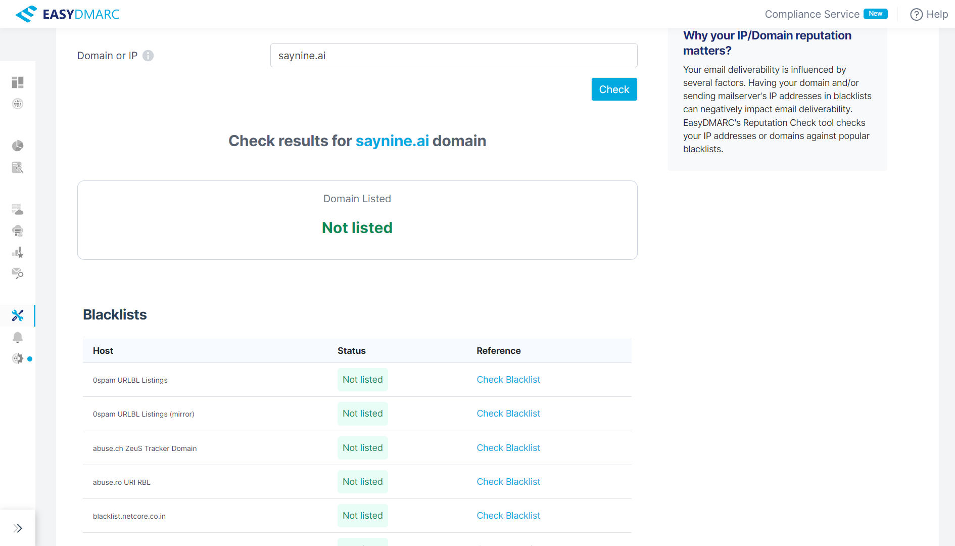 EasyDMARC’s tool checking the domain IP for SayNine