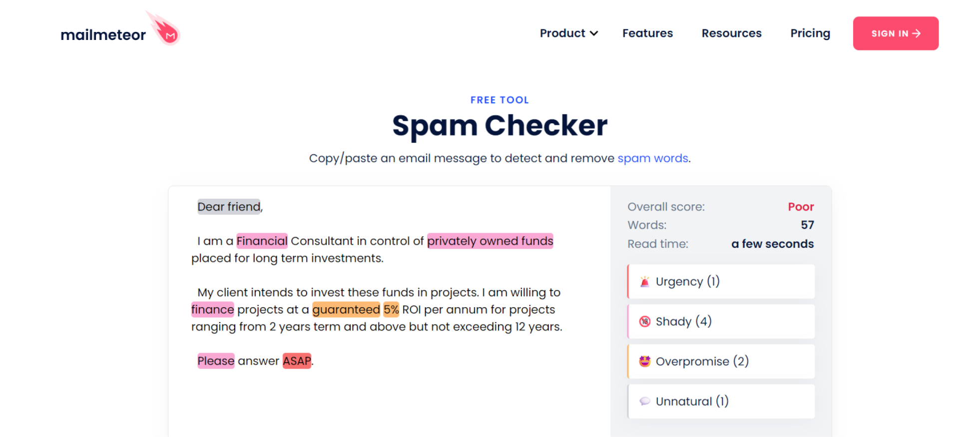Mailmeteor's Spam Checker tool 