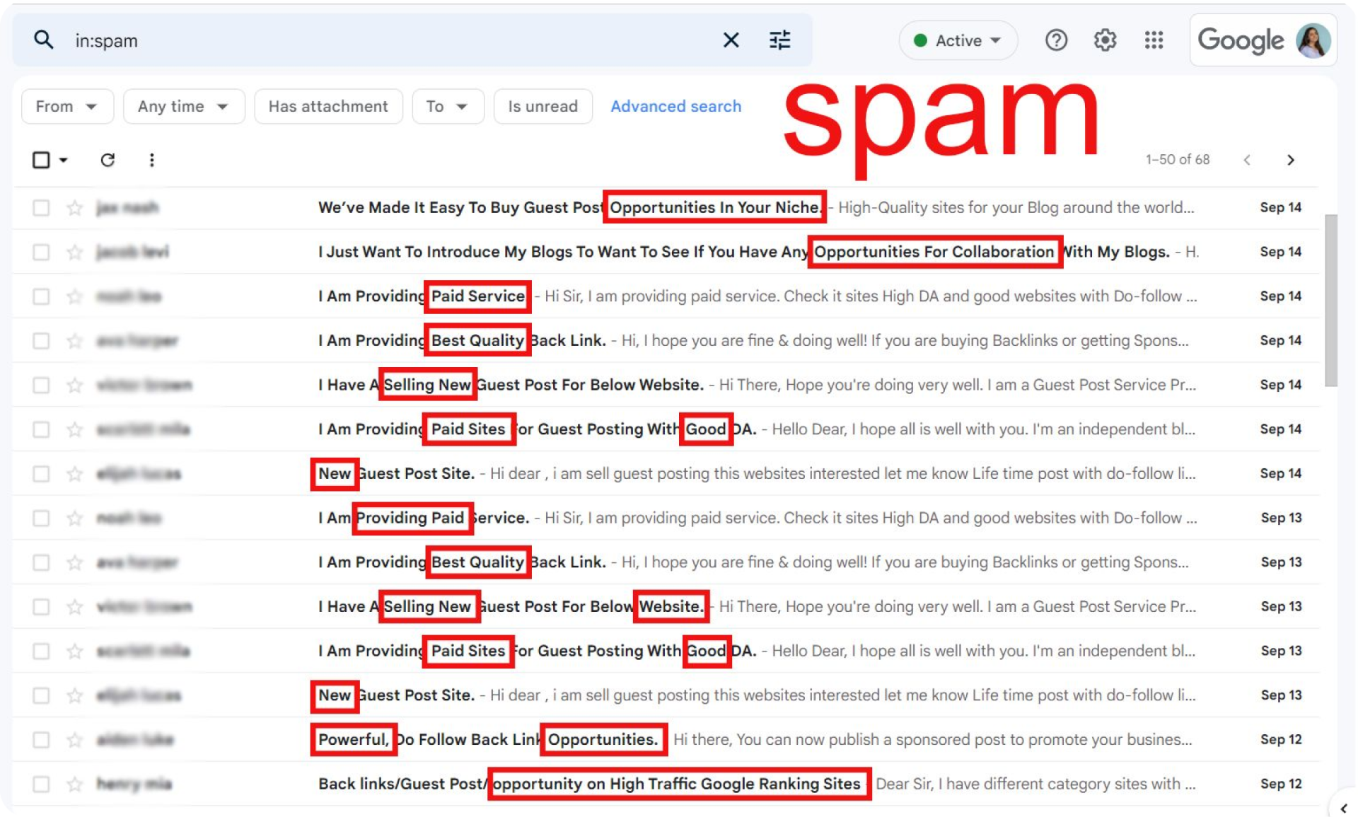 Examples of emails with subject lines containing spam words.