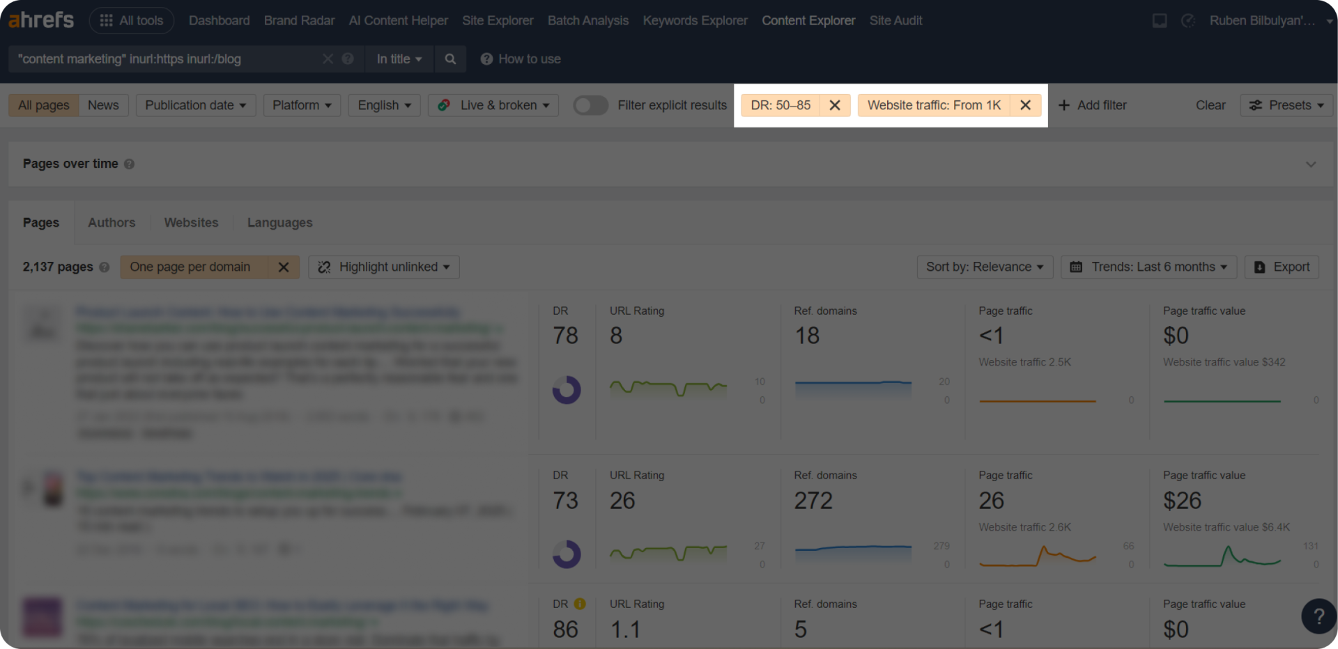 Ahrefs Content Explorer dashboard