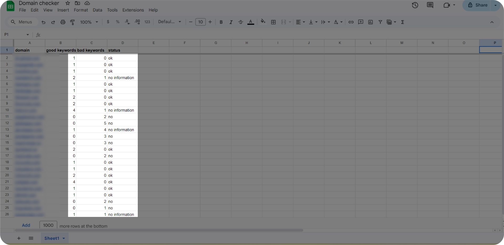 A screenshot of a domain checker spreadsheet for filtering websites as part of link prospecting