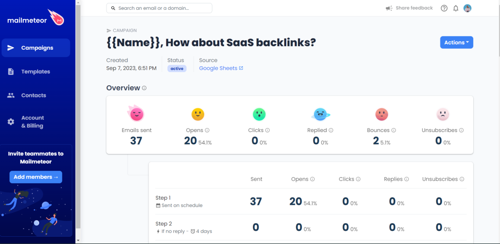 Mailmeteor's dashboard