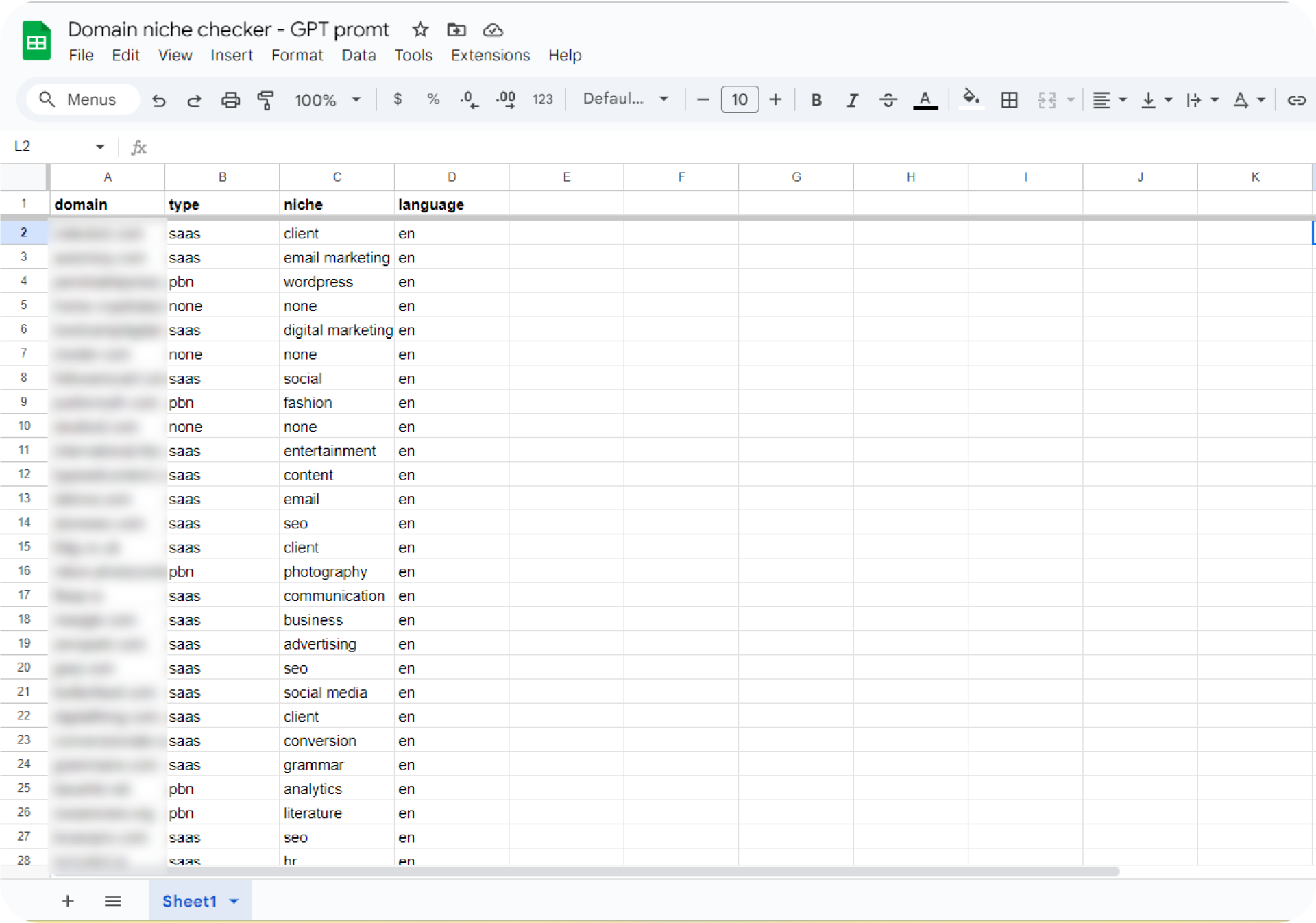 A screenshot of a domain niche checker spreadsheet for filtering websites by niche