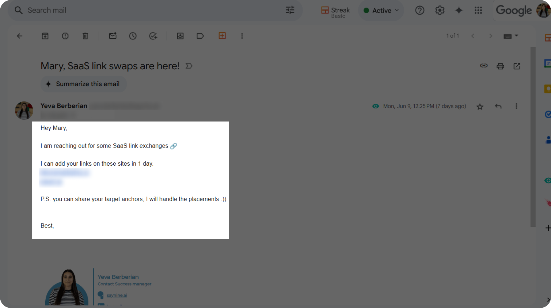 An example of an email offering help in doing relevant link insertions.