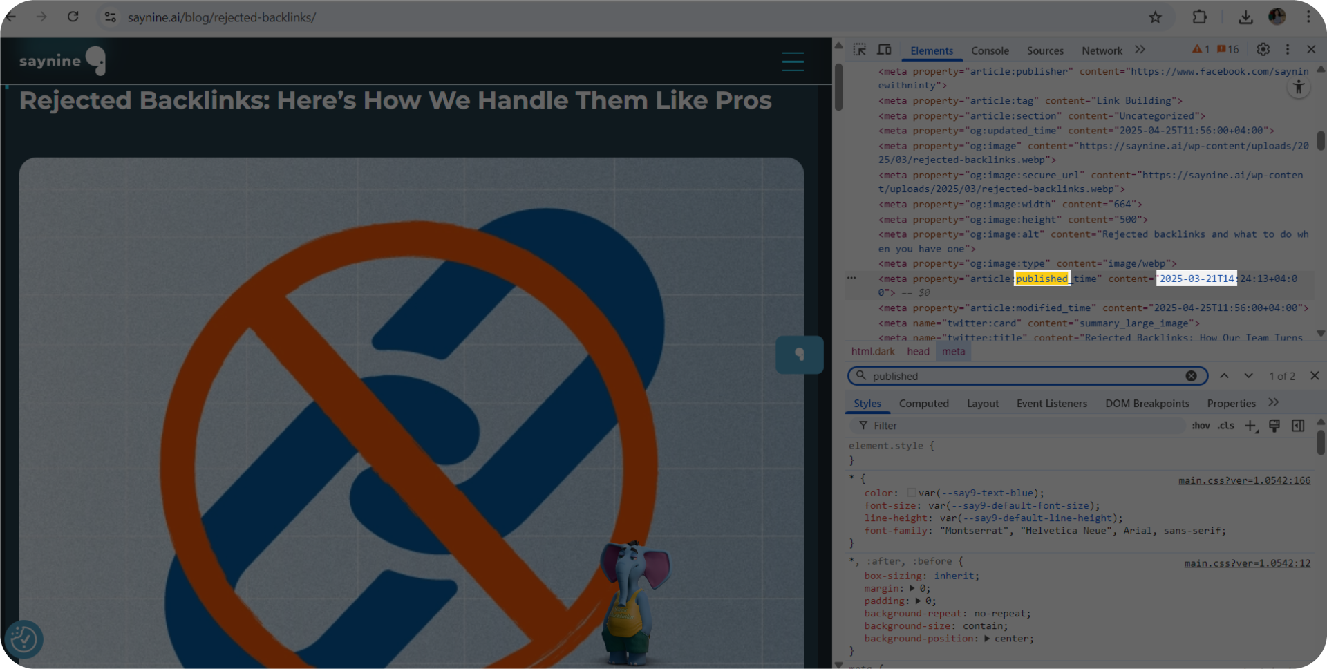 Finding published time using Inspect