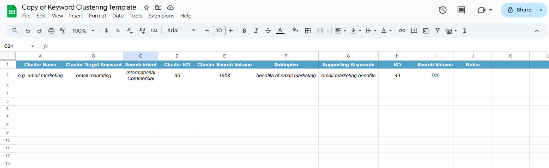 A keyword clustering template screenshot