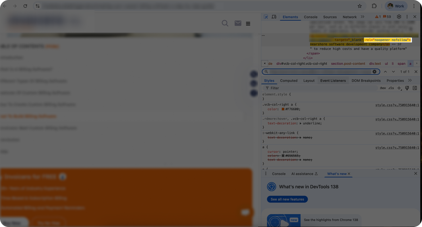 A screenshot of a manual nofollow link check.