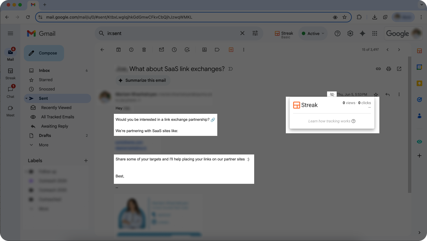 Streak extension showing email has not been read yet.