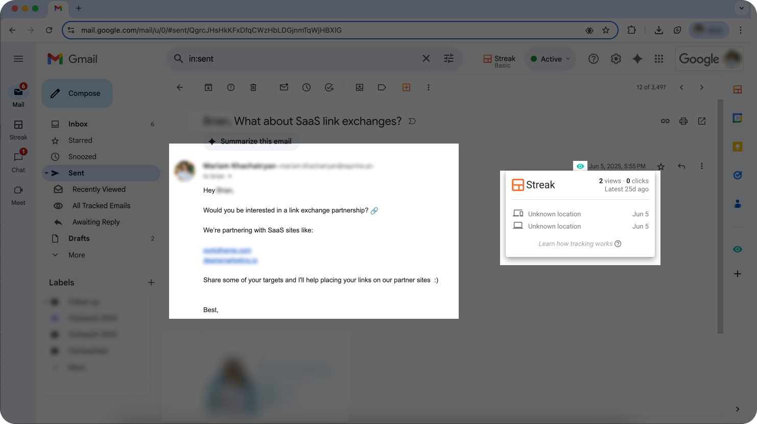 Streak extension showing email has been read.