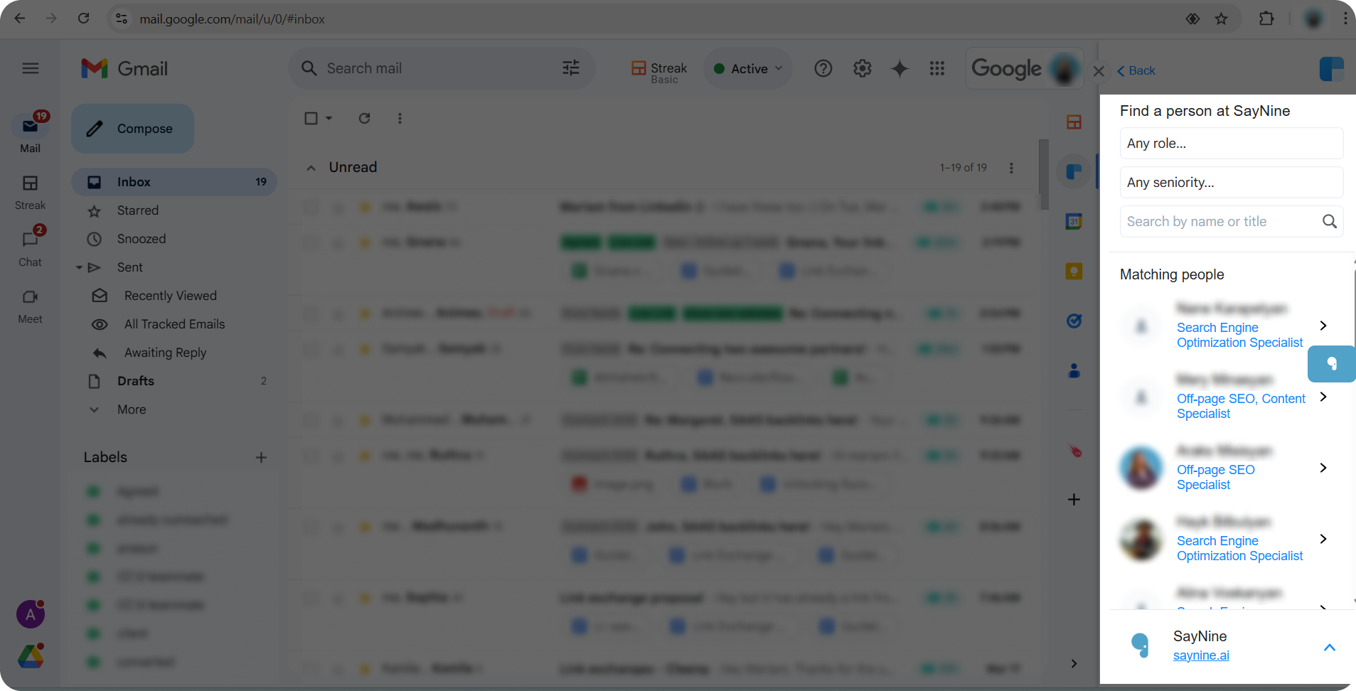 Clearbit Connect extension showing employee information from Gmail