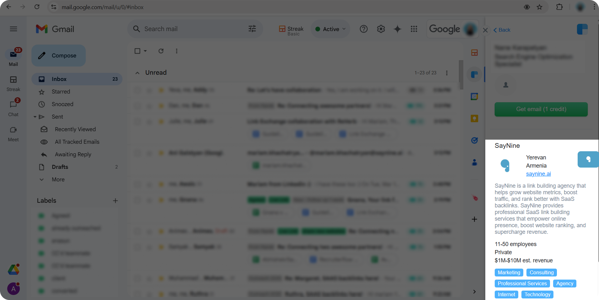Clearbit Connect extension on Gmail showing company info
