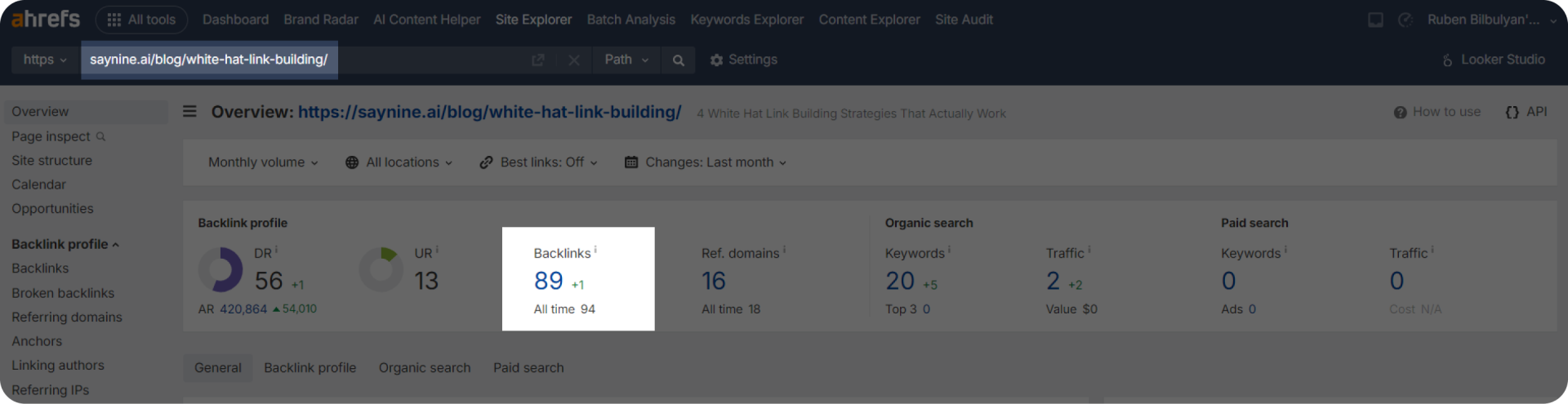 Ahrefs dashboard showing number of backlinks for an article.