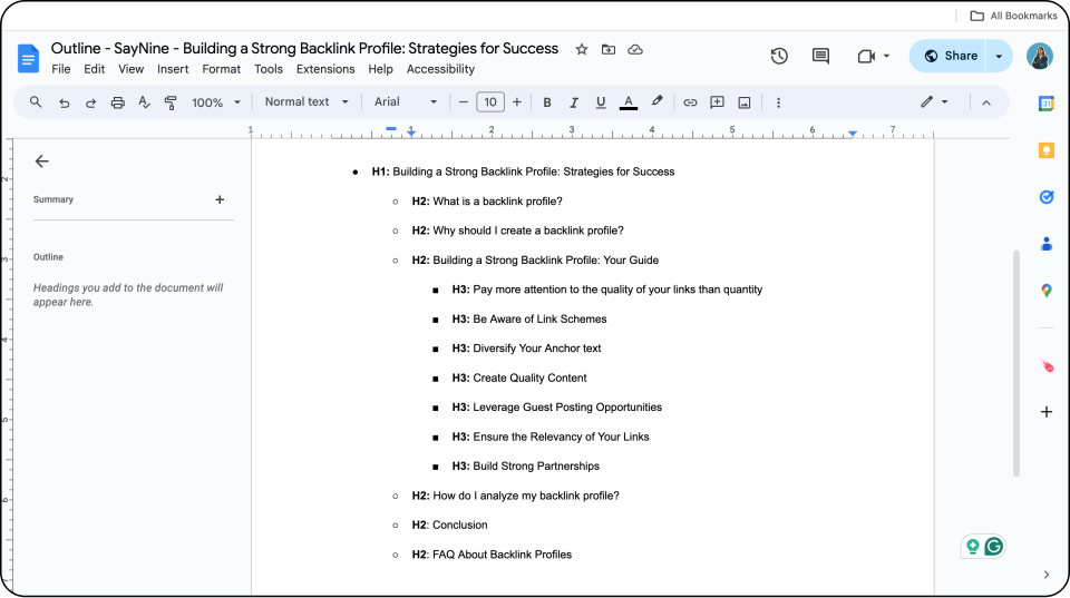 A blog post outline example on a Google doc