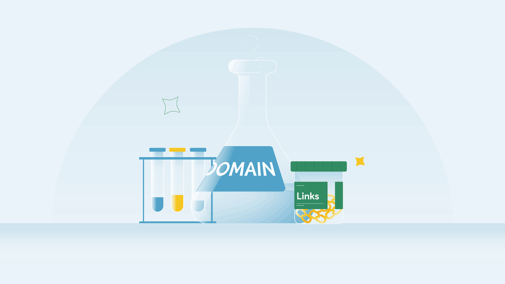 "Domain" and "Links" on laboratory glassware - competitor backlinks analysis concept"