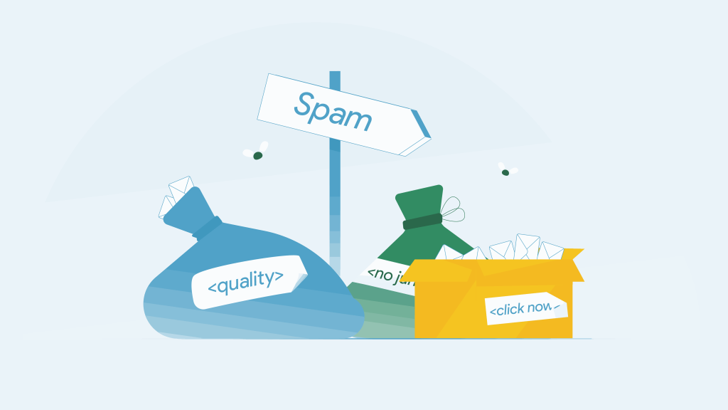 Pouches and a box filled with spam words like "quality" and "click now" - email deliverability concept