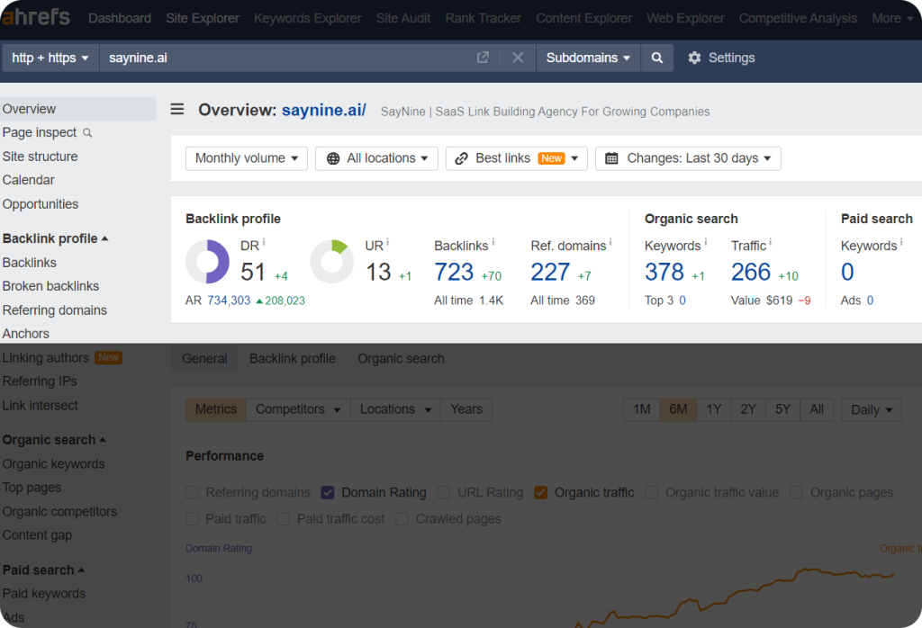 Ahrefs dashboard that shows a domain's metrics related to backlink profile.