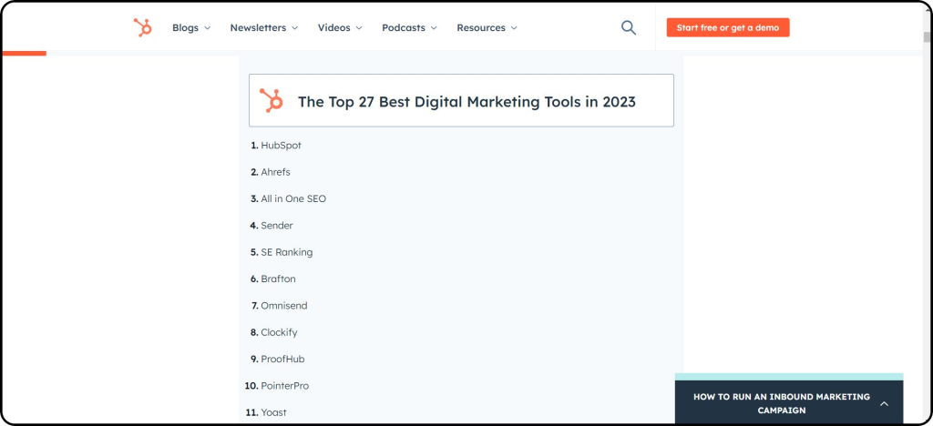 HubSpot's listicle for the best digital marketing tools