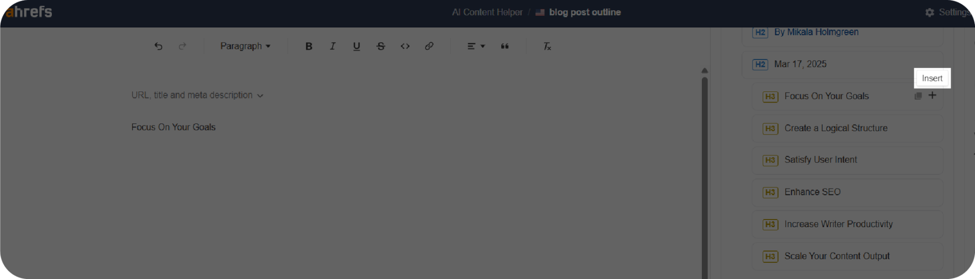 AI Content Helper tool's dashboard