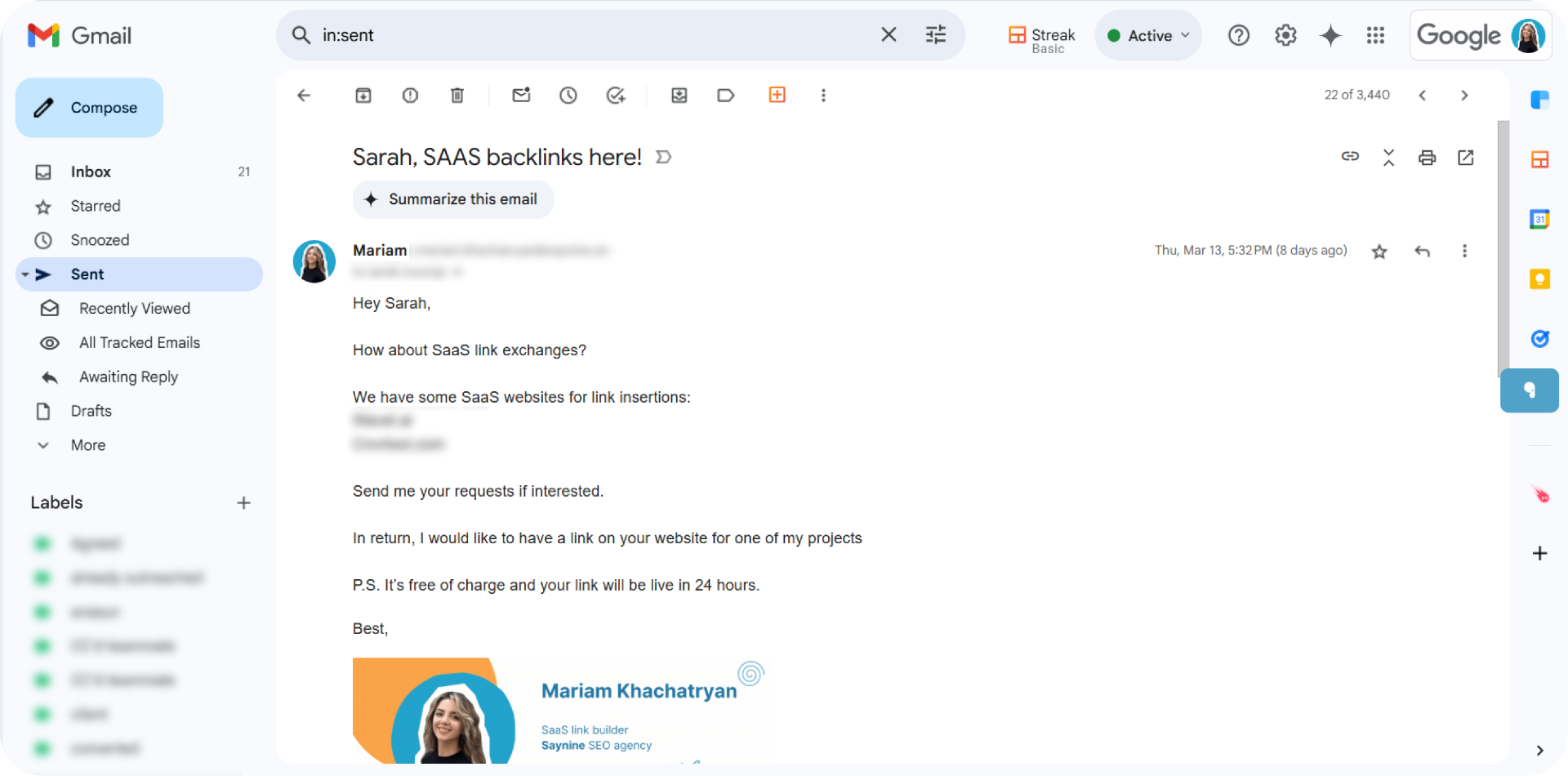 Screenshot showing an example of an outreach email