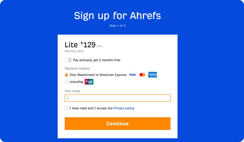 Ahrefs account sign up process to create a professional account.