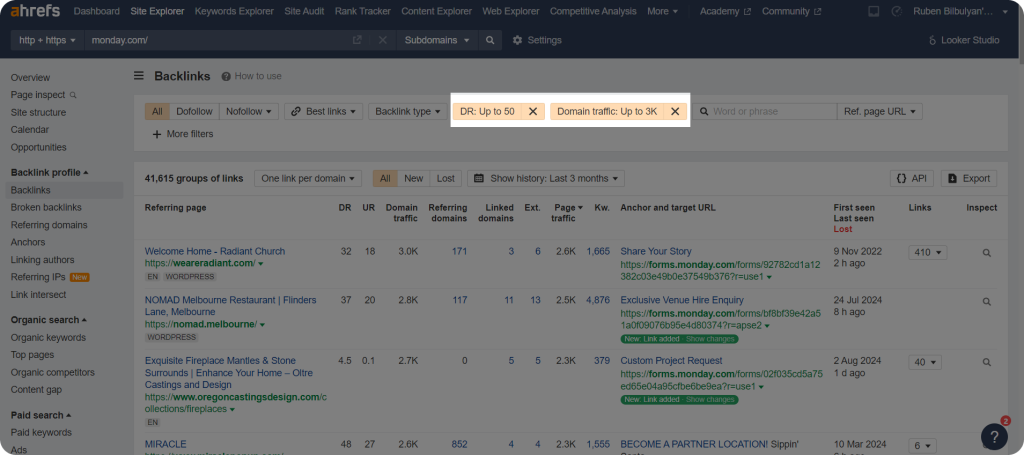 Ahrefs Backlinks section showing the filtered metrics the quality of all the links for a website.