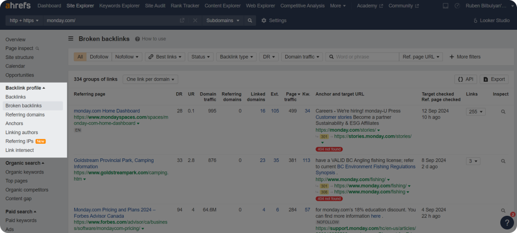 Ahrefs Broken Backlinks feature showing all the backlinks that are not working.
