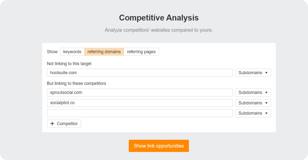 Ahrefs rerferring domains gap analysis with the Competitive Analysis feature.