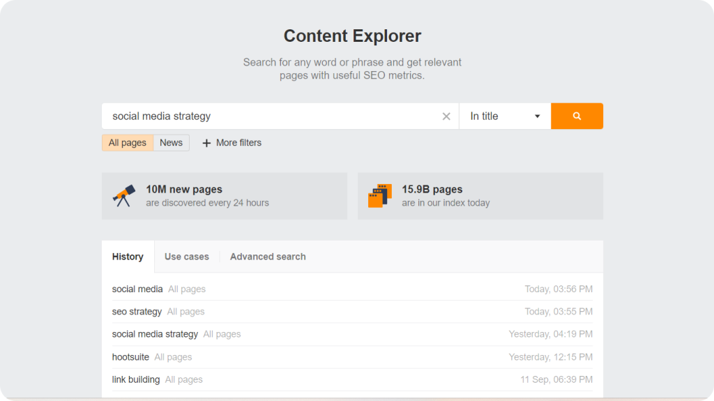 Ahrefs Content Explorer to find link building prospects.