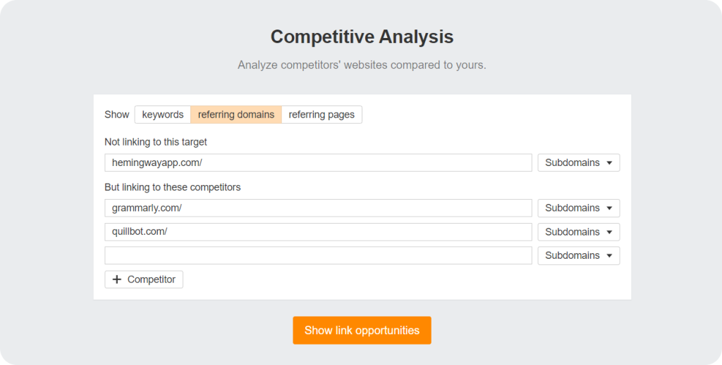 Ahrefs Competitive Analysis section highlighting the referring domains for hemingwayapp.