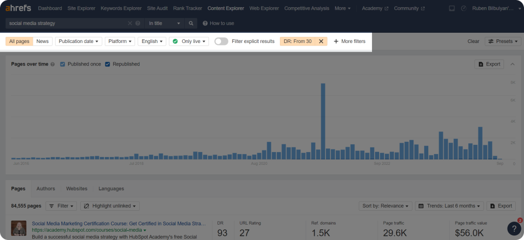 Ahrefs Content Explorer data filtered to find link building prospects.