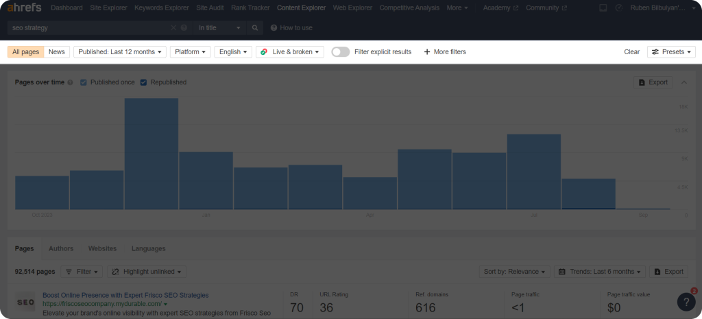 Ahrefs Content Explorer feature filters to find guest posting opportunities.