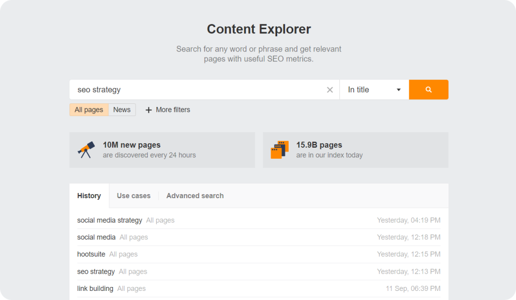 Ahrefs Content Explorer feature to help find guest posting opportunities.