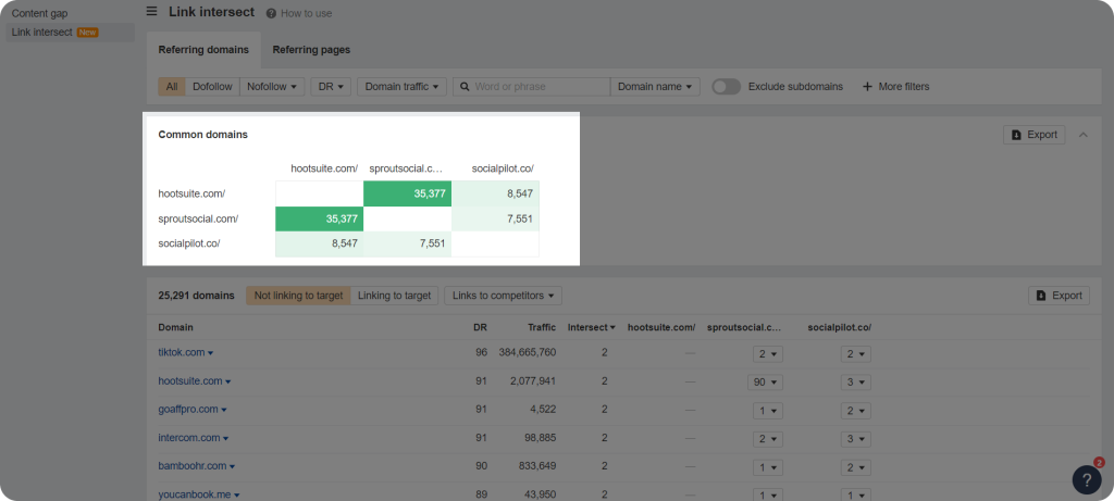 Ahrefs Link Intersect feature from Competitive Analysis showing common backlinks with competitors.