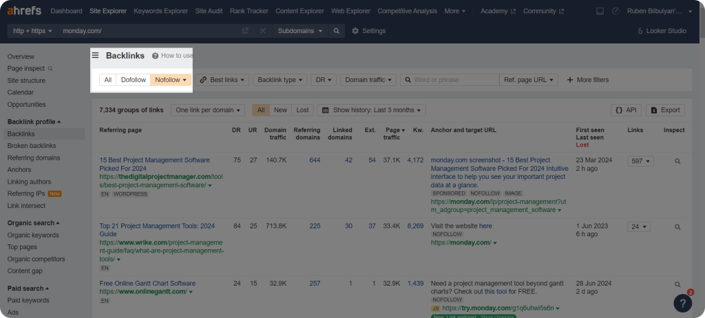 Ahrefs nofollow section showing a websites backlinks that are set with a nofollow tag.