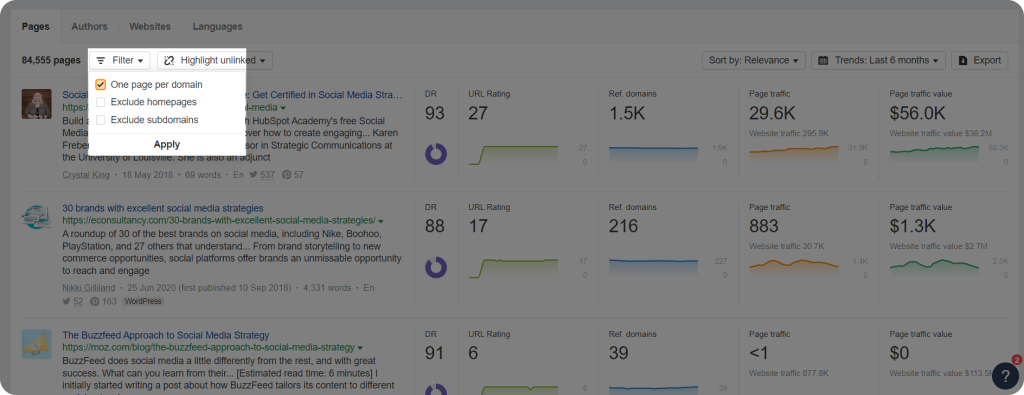 Ahrefs One page per domain filter in the Content Explorer section.