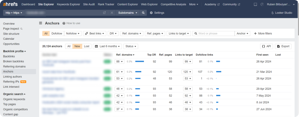 Ahrefs Site Exploere Anchors section showing the main anchor text for a website.