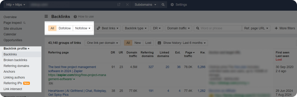 Ahrefs Site Explorer showing the dofollow and nofollow backlinks of a website.