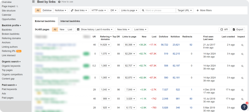 Ahrefs Site Explorer Best by links feature showing the best backlinks with numbers.