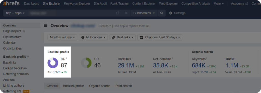 Ahrefs Site Explorer feaure showing the DR of a website.