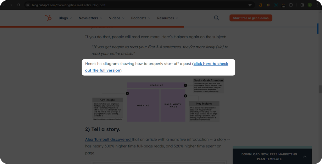 HubSpot blog section that shows generic anchor text in a blog.