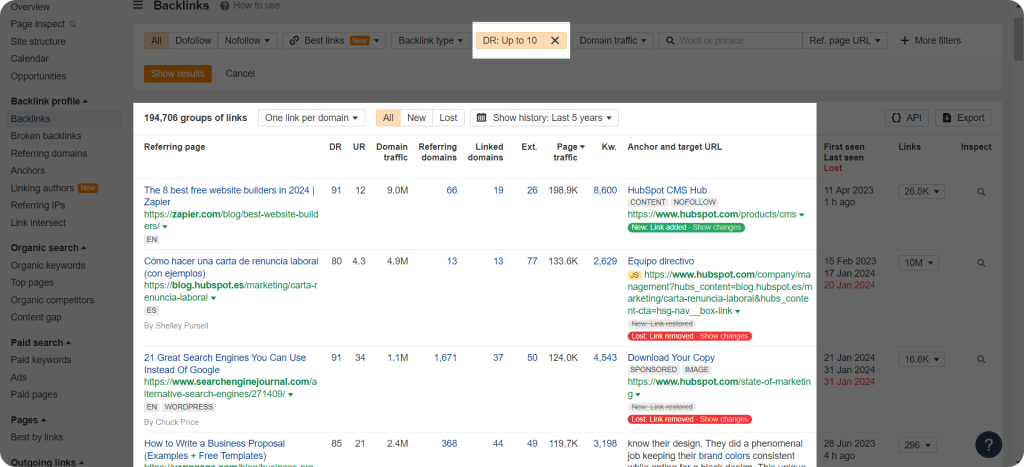 Using Ahrefs Backlink checker to analyze website with low metrics such as low DR.
