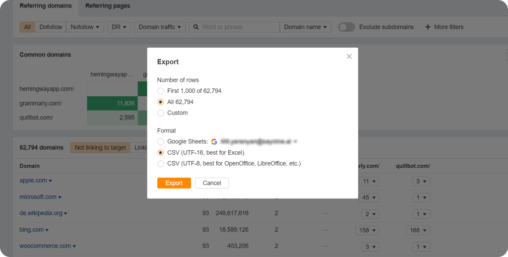 Ahrefs Competitive Analysis data export process.