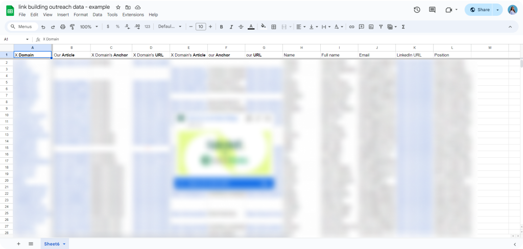 Link building outreach spreadsheet showing all the prospect info.