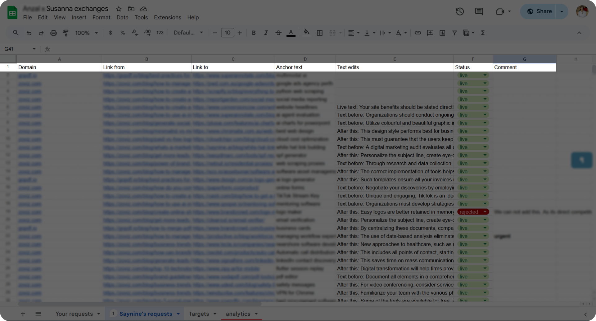 A spreadsheet for tracking link exchanges with partners